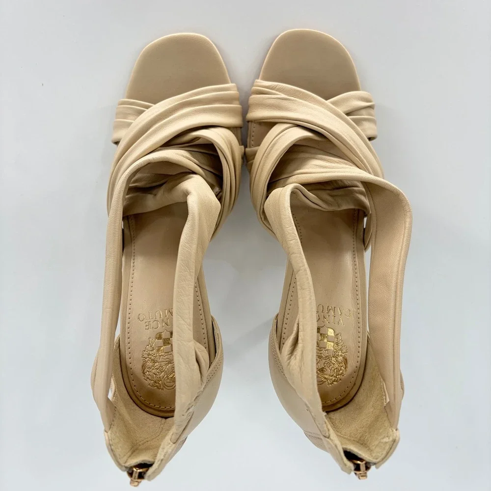 Vince Camuto Beige Leather Strappy Ruched Heeled Sandals Wood Heel Size 9.5M